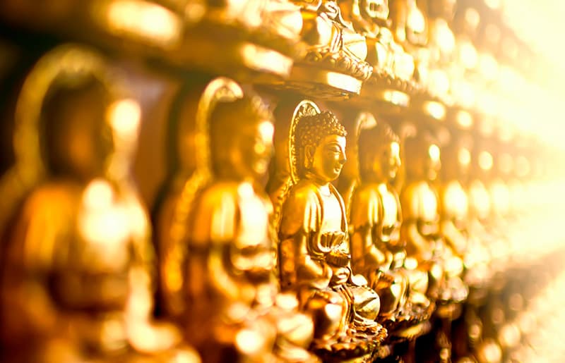 Monasterio tibetano figuras buda oro